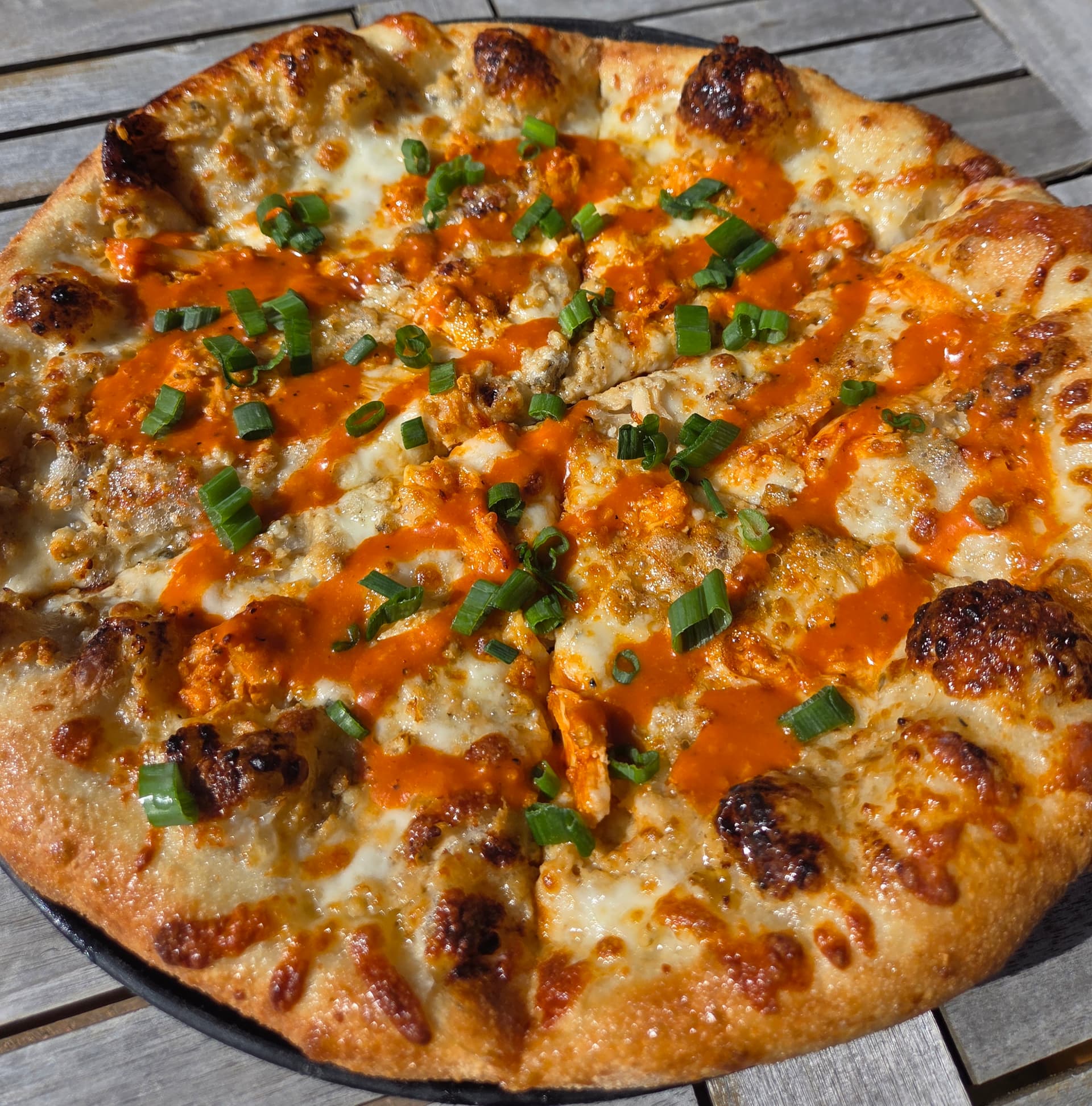 Buffalo Chicken — brick-oven artisan pizza at Snowpack Pizzeria, Conifer Colorado